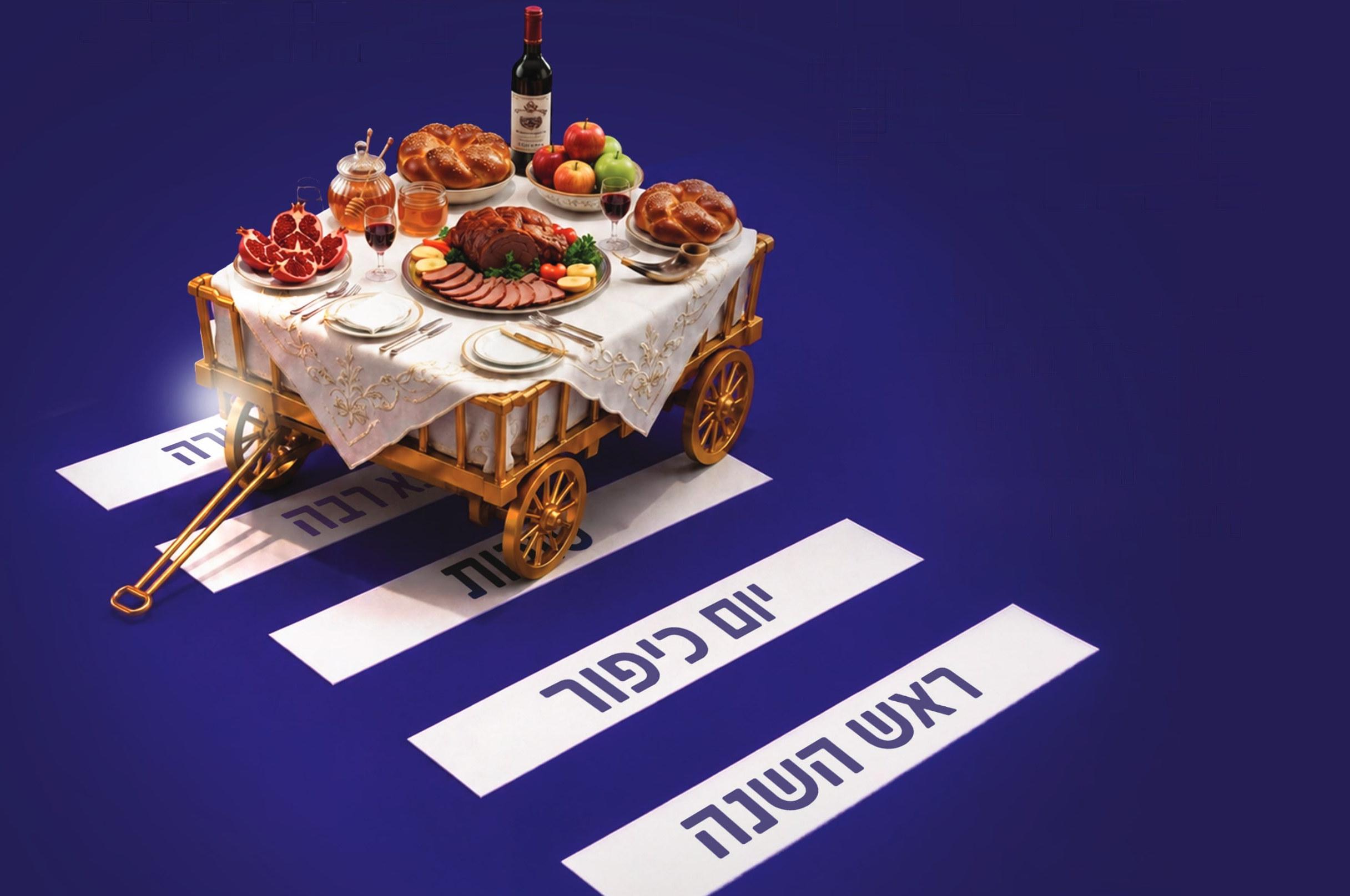 עגלת זהב נושאת שולחן חג וחוצה את ימי תשרי